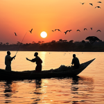 **A vibrant sunset over Lake Victoria, filled with silhouetted migratory birds taking flight. In the foreground, a traditional fishing boat gently rocks on the water, with local fishermen casting their nets.** (Focus: Birdwatching at sunset, traditional fishing, serene atmosphere)