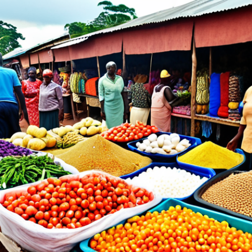 **

A vibrant Ugandan marketplace scene, filled with colorful textiles, fresh produce, and friendly locals bargaining in English. Capture the energy and cultural immersion of learning English through daily interactions.

**