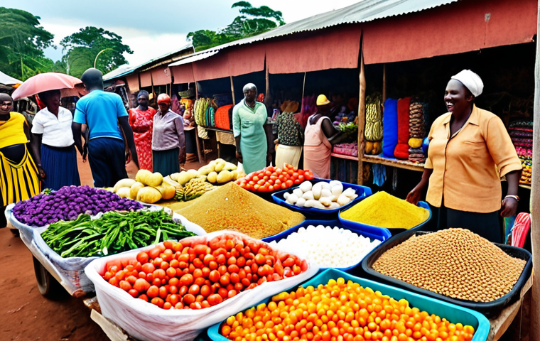 **
A vibrant Ugandan marketplace scene, filled with colorful textiles, fresh produce, and friendly locals bargaining in English. Capture the energy and cultural immersion of learning English through daily interactions.
**