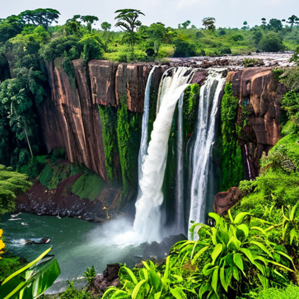Karuma Falls Biodiversity**

"A wide shot of Karuma Falls, Uganda, showcasing the lush surrounding vegetation. Focus on the diverse flora and fauna: monkeys playfully swinging from trees, colorful birds in flight. Water cascading dramatically over the rocks. The scene should convey a sense of vibrant biodiversity and natural beauty. Safe for work, appropriate content, fully clothed people observing from a respectful distance, perfect anatomy, correct proportions, natural pose, professional nature photography, high quality, family-friendly."

**