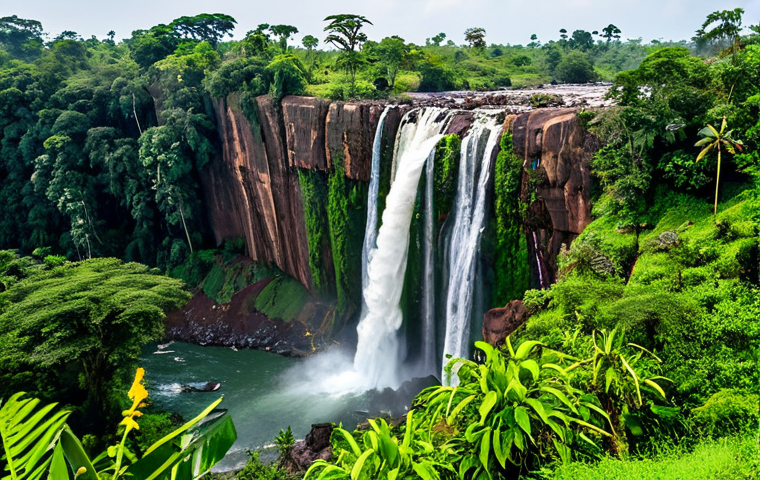 Karuma Falls Biodiversity**

"A wide shot of Karuma Falls, Uganda, showcasing the lush surrounding vegetation. Focus on the diverse flora and fauna: monkeys playfully swinging from trees, colorful birds in flight. Water cascading dramatically over the rocks. The scene should convey a sense of vibrant biodiversity and natural beauty. Safe for work, appropriate content, fully clothed people observing from a respectful distance, perfect anatomy, correct proportions, natural pose, professional nature photography, high quality, family-friendly."

**