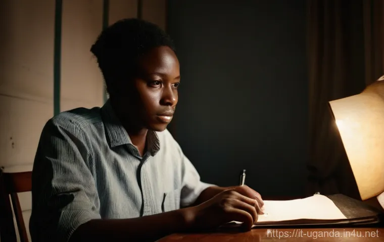 우간다 인권 문제 - **Prompt: The Unbroken Voice of Dissent**
A cinematic, low-angle shot of a young adult Ugandan j...