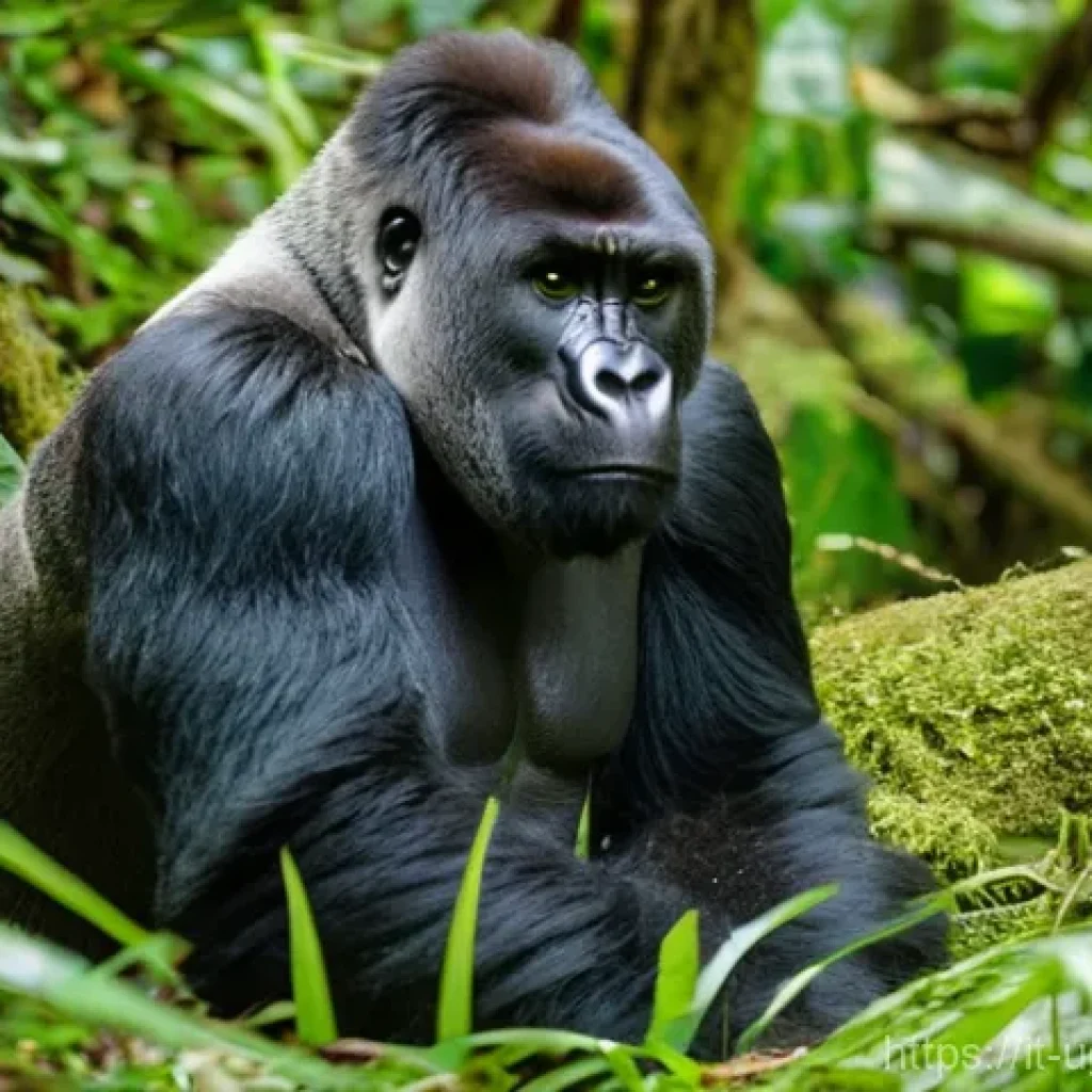 우간다 고릴라 트래킹 - **Prompt:** A majestic, adult Silverback mountain gorilla is seen in its natural habitat within the ...