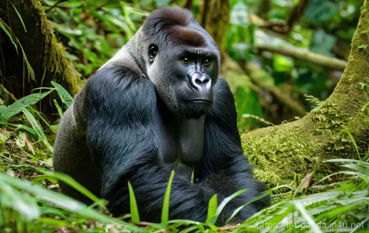 우간다 고릴라 트래킹 - **Prompt:** A majestic, adult Silverback mountain gorilla is seen in its natural habitat within the ...