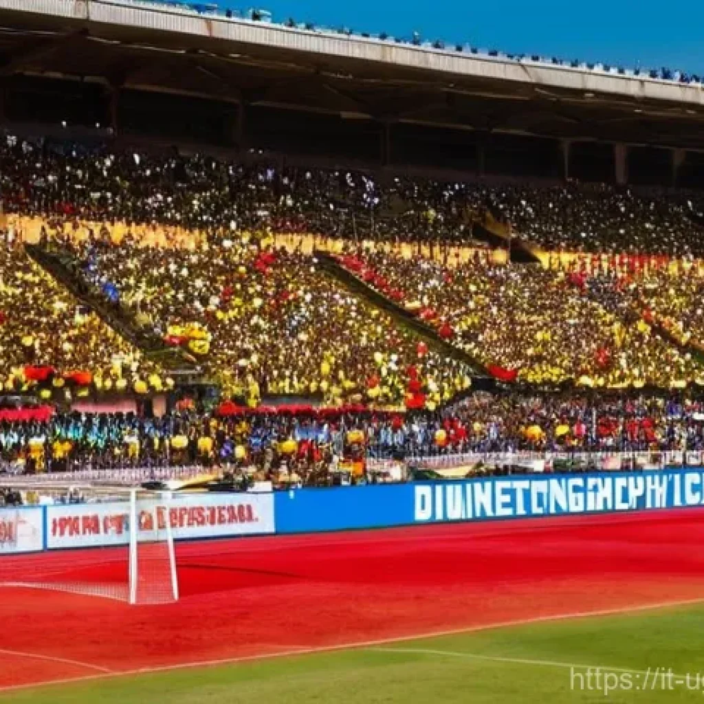 우간다의 스포츠 문화 - **Vibrant Ugandan Football Match:** A wide shot of a bustling football stadium in Kampala, Uganda, d...
