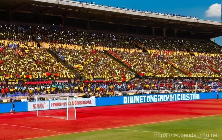 우간다의 스포츠 문화 - **Vibrant Ugandan Football Match:** A wide shot of a bustling football stadium in Kampala, Uganda, d...