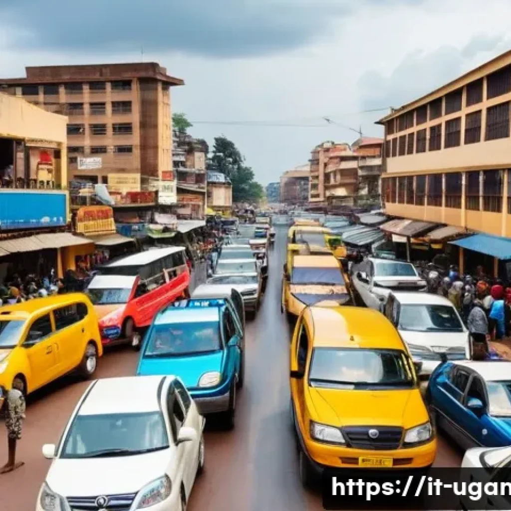 우간다 도로 교통법 - A busy urban street scene in Kampala, Uganda, showing a variety of vehicles including matatus (share...
