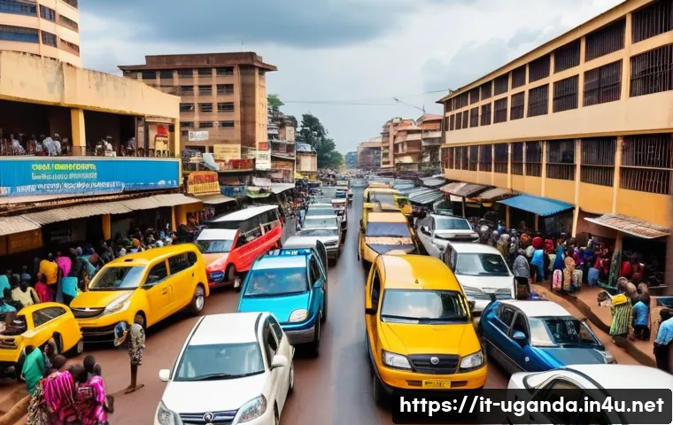 우간다 도로 교통법 - A busy urban street scene in Kampala, Uganda, showing a variety of vehicles including matatus (share...