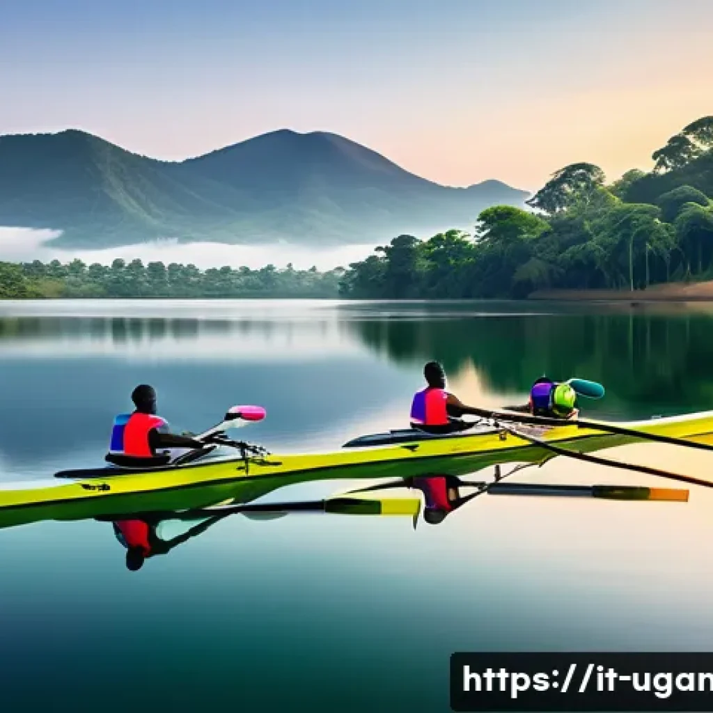 우간다 카누 스포츠 - A serene Ugandan lake at dawn with crystal-clear water reflecting vibrant green trees and distant hi...