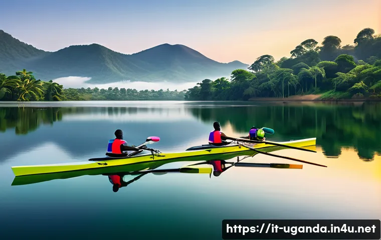우간다 카누 스포츠 - A serene Ugandan lake at dawn with crystal-clear water reflecting vibrant green trees and distant hi...