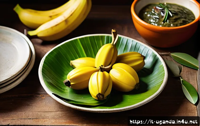 우간다 음식 마통고 - A rustic Italian kitchen scene featuring a traditional Ugandan matoke dish served on handmade cerami...