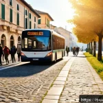 Home 21 카발레로 가는 버스 노선 - A bustling Italian suburban bus stop in the early morning, with diverse passengers including elderly...