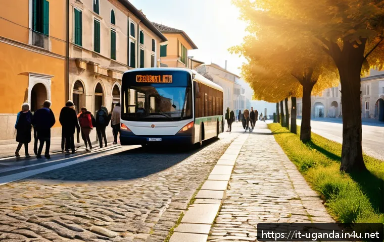 카발레로 가는 버스 노선 - A bustling Italian suburban bus stop in the early morning, with diverse passengers including elderly...