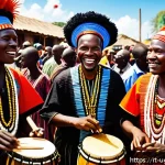 Home 20 우간다 주요 축제 나감비아 - A vibrant traditional Ugandan festival scene featuring musicians playing handcrafted wooden drums ca...