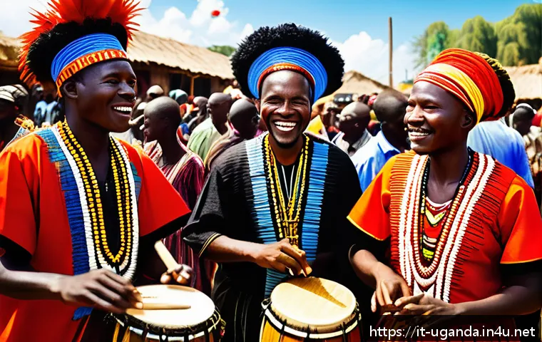 우간다 주요 축제 나감비아 - A vibrant traditional Ugandan festival scene featuring musicians playing handcrafted wooden drums ca...