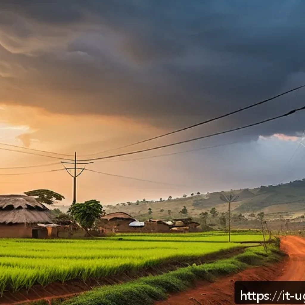 우간다 전기 공급 상황 - A vibrant rural Ugandan village scene at sunset showcasing the recent expansion of electrical infras...