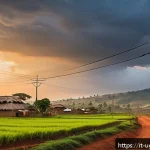 Home 19 우간다 전기 공급 상황 - A vibrant rural Ugandan village scene at sunset showcasing the recent expansion of electrical infras...