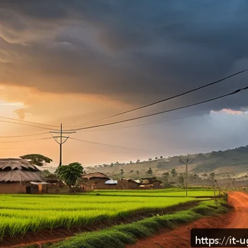 Home 31 우간다 전기 공급 상황 - A vibrant rural Ugandan village scene at sunset showcasing the recent expansion of electrical infras...