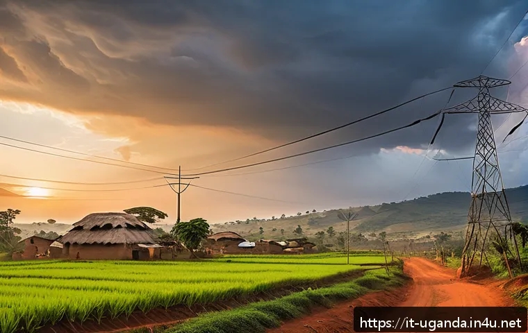 우간다 전기 공급 상황 - A vibrant rural Ugandan village scene at sunset showcasing the recent expansion of electrical infras...