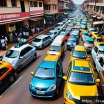 Home 18 우간다의 교통수단인 보다보다 - A bustling urban street scene in Kampala, Uganda, showcasing multiple mototaxis weaving skillfully t...
