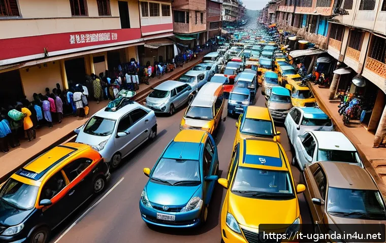 우간다의 교통수단인 보다보다 - A bustling urban street scene in Kampala, Uganda, showcasing multiple mototaxis weaving skillfully t...