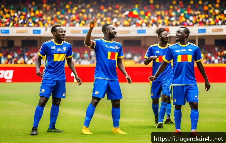 우간다 축구 리그 - A dynamic football match scene in a modern Ugandan stadium filled with passionate fans waving colorf...