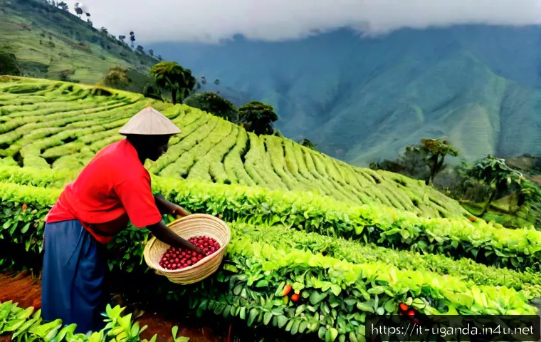 우간다 커피 재배지 - Photorealistic wide view of a Ugandan coffee plantation on rolling green highlands, orderly rows of ...